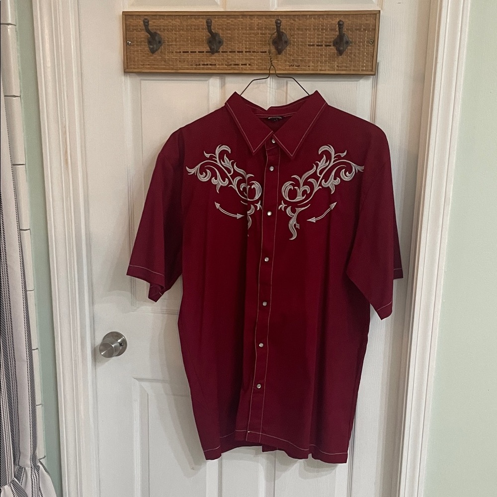 Men's Burgundy Western Shirt with Embroidery
